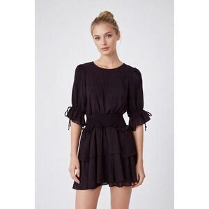 Revolve TULAROSA Puff Sleeve Tiered Ruffle Dress XS Black Open back Whimsical